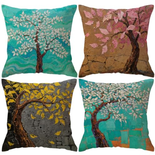 Decorative Throw Pillow Case Oil Painting Square Home Decorative Cushion Cover Garden Art Print Pillow Covers for 18 X 18 Inches Pillow Inserts, 4Pack Multicolor Trees Flowers Design