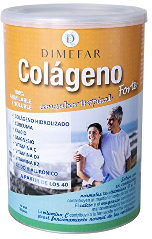 DIMEFAR - Colágeno Forte Polvo - Sabor Tropical - Refuerzo y Mantenimiento Dolor de Huesos, Músculos, Articulaciones - Cúrcuma + Cálcio + Vitamina D3 + K2 + C + Magnesio + Ácido Hialurónico, 300g