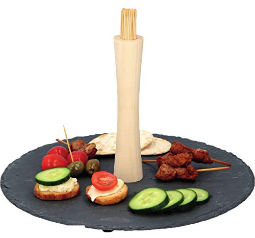URBN-CHEF Round 30cm Slate Bouche Amuse Snack Serving Board Tray Dish with Wooden Handle and 100 Reusable Bamboo Picks