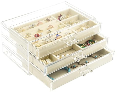 Weiai Acrylic Jewelry Box 3 Drawers, Velvet Jewellery Organizer, Earring Rings Necklaces Bracelets Display Case Gift for Women, Girls, Beige