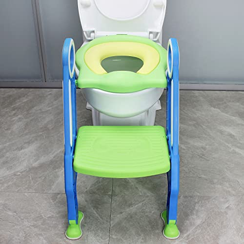 YRHome toilettensitz kinder toilettentrainer mit verstellbarer Treppe Klappbarer Toilettensitz Mit einem PU Kissen geeignet für Toiletten mit 38-42 cm für Kinder von 1-7 Jahren Grün Blau…