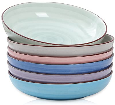Selamica Porcelain 26 Ounce Salad Pasta Bowls, 8 inch Wide and Shallow Serving bowls, Microwave & Dishwasher Safe, Sturdy & Stackable, Set of 6, Gradient Color