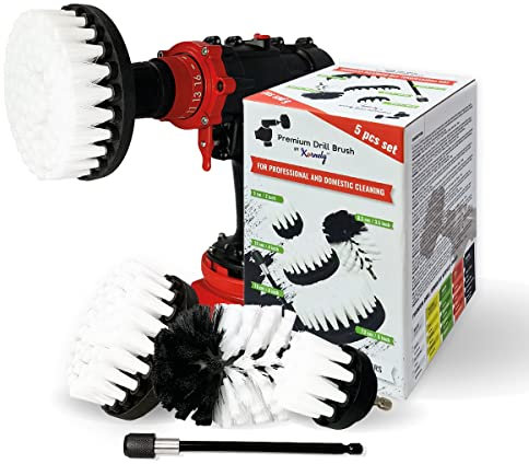 Kornely™ Spazzola Premium per Trapano, Extra Morbida, Bianca, Set 5 Pezzi. Spazzola di Pulizia Professionale. Non Graffia le Superfici. Per Tappeti, Pelle,Tessuti, Mobili e Pulizia del Interni di Auto