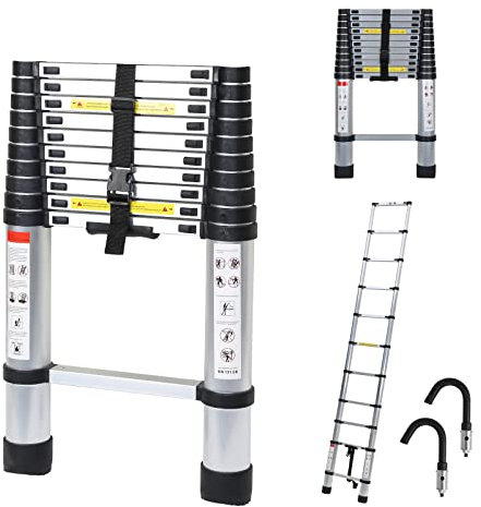 Randaco Teleskopstege med avtagbar krok, 3,2 m utdragbar stege, halkfri aluminiumstege stående stege multifunktionsstege utdragbar aluminiumstege, 150 kg maximal belastning med 2 krokar