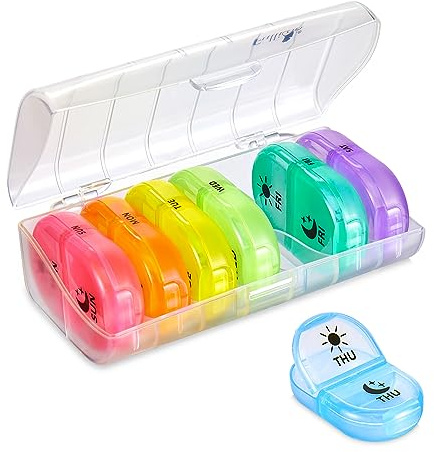 Fullicon Pill Organizer 2 Times a Day, Weekly Pill Box AM PM, Removable Medicine Organizer, Pill Cases Twice a Day - (Clear/Rainbow)