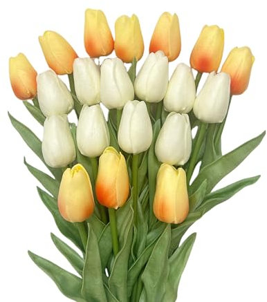 HEPENG 32 cm Künstliche Tulpen Blumen Set – Real Touch, 20 Stück in 2 Farben (Weiß und Orange), Perfekt für Hochzeit, Zuhause, Büro, Küche, Garten, Party, Innen- und Außendekoration
