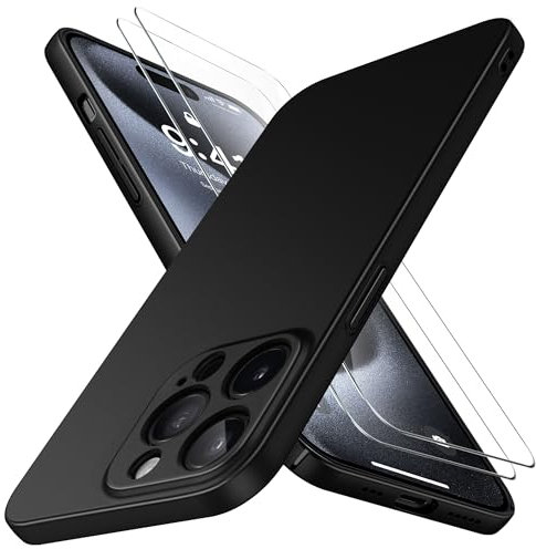 Natiiozie Ultra Dünn Handyhülle Kompatibel mit iPhone 15 Pro Hülle PP Case mit 2 Stück Schutzfolie, Slim Leicht Hartschale mit Voll Kameraschutz Kratzfeste Matt Schutzhülle - Schwarz