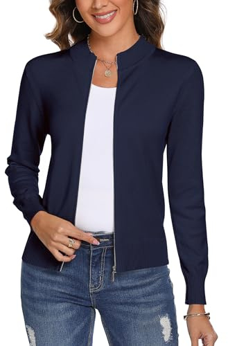 Aottori Cárdigan para Mujer Cremallera Suéter de Punto Cardigans Manga Larga Ligero Jersey Casual Sudaderas Chaqueta Azul Marino L