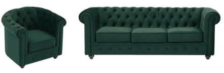 Vente-unique-Sofá de 3 plazas y sillón de Terciopelo Verde Chesterfield