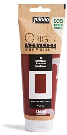 Pébéo - Origin Acrylics 120 ml - Öko-Acrylfarbe - Hohe Viskosität - Matte Oberfläche - Bindemittel 100% recycelt - 96% Rohstoffe aus Europa - Siena Gebrannt