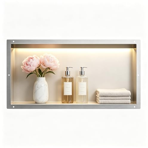 Bernkot Wall Recess Shower Stainless Steel Waterproof Recess with LED Light | Embedded shower niche 30 x 60 x 10 cm, single bed shower niche, embedded storage in the shower room, brushed