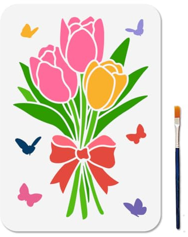 MAYJOYDIY Plantilla para pintar con ramo de tulipanes, tamaño A4, con pincel, 29,7 x 21 cm, plantilla reutilizable para paredes de madera, ventanas, manualidades, álbum de fotos