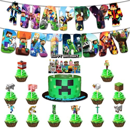 Pixel Cake Topper, Anniversaire Gâteau Décoration, Miner Game Cupcake Toppers, Pixel Miner Crafting Bannières Joyeux Anniversaire, Décorations de Gâteaux D'anniversaire pour Enfant