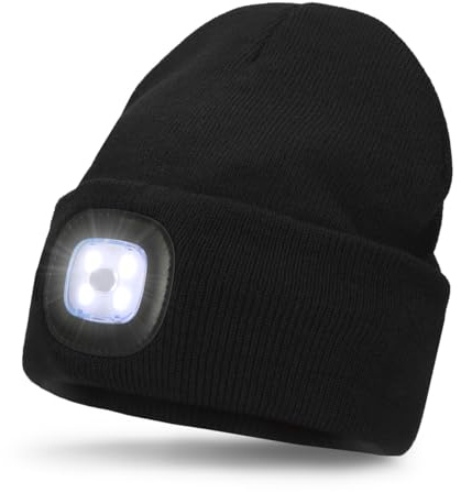 FUZZIO Cappello Illuminato Berretto,USB Ricaricabile Cappello da Corsa 4 LED Impermeabile Luce Invernale Calda Lampada Frontale Regali per Uomo e Donna