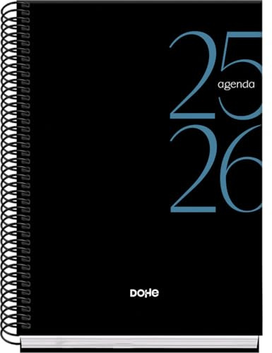 Dohe - Agenda Scolaire 2025 2026 - Semaine Vue, Taille A5 (15x21 cm), Espagnol et Anglais, Septembre à Juin, Fermeture à Spirale, Couverture Rigide - SYSTEM Noir