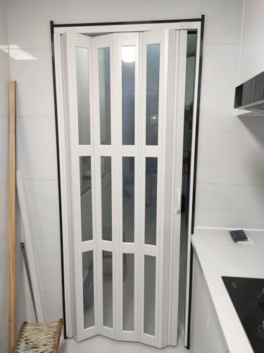 PVC Accordion Folding Door with Transparent/Frosted Glass Panels, Space-Saving Sliding Room Divider for Bathroom and Kitchen Doorways