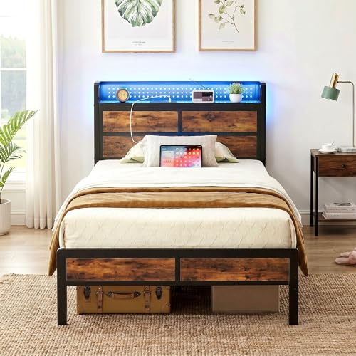 IRONCK Single Bed Frame with Storage Headboard & LED Lights, Platform Bed Frame Single with Charging Station, Metal Bed Frame, UnderBed Storage/Mattress Foundation, Vintage Brown