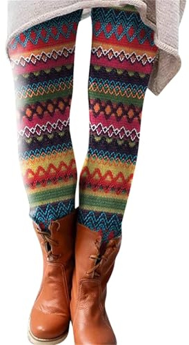 Leggings Women's Colourful Patterned Cotton Women's Leggings Cotton High Waist Thermal Leggings Slim Fit Tights Nordic Knitting Pattern Leggings Elegant Knitted Leggings Fair Isle Slip-On Trousers