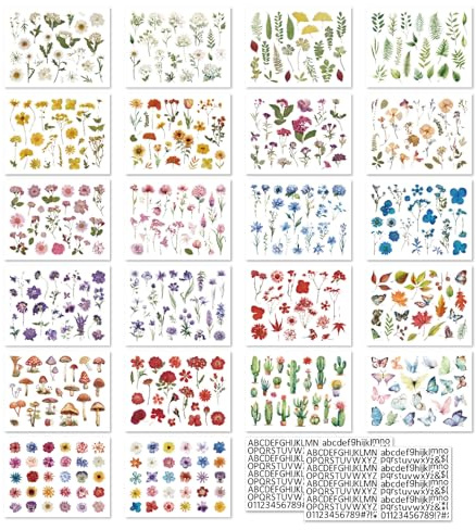 WD&CD 500+ adesivi floreali per scrapbooking, 22 fogli di fiori trasparenti naturali estetici adesivi per album di ritagli con 2 lettere e numeri, set di adesivi per biglietti artigianali, laptop