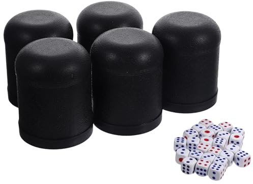 FUNNETOYU Lot de 5 Sets de Gobelets à Dés Mini en Plastique Noir 25 Dés en Plastique et Jeux de Société