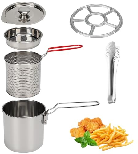 Olla Freidora con Cestillo, 1.2L Mini Freidora Aceite de Acero Inoxidable con Colador Tapa y Clip, Cazo para Freir Pequeña Multifuncional con Mango Largo para Patatas Fritas, Pescado, Pollo (4 PCS)