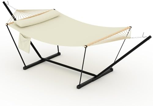 Double Hammock with Stand for Outdoor, Heavy Duty Portable 2 Person Hammock with Adjustable Steel Stand for Patio, Garden, Beach, Backyard (Off-white 12FT)