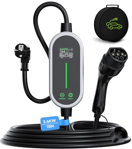 AUFYEV Elektrisk billaddare 3,6 kW 15 m elektrisk billaddare kabel, 6–16 A dimbar ström billaddare, bärbar Wallbox för EV och PHEV, IEC 62196-2, IP65