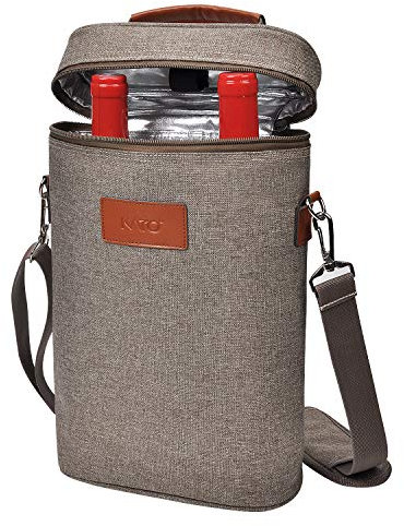 Kato Tirrinia Insulated Wine Cooler Bag, 2 Bottle Padded Wine Tote Carrier for Picnic, Beach, Camping, Wine Lover Gift, Khaki