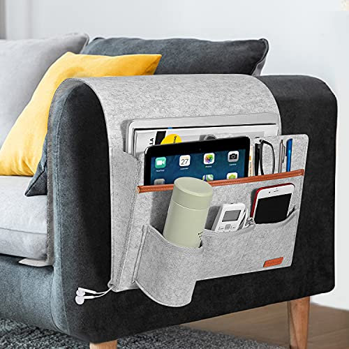 SIMBOOM Sofa Butler Sofa Bett Organizer mit 5 Taschen Hängeaufbewahrung für Handy Tabletten Zeitschriften Gläser Snacks Beutel - Hellgrau