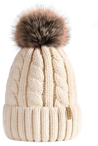 FURTALK Winter Beanie Knit Hat for Women Warm Fleece Lined with Faux Fur Pom Poms Womens Thick Ski Hats Knitted Skull Cap Beige