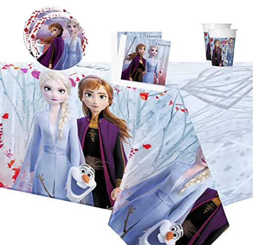 Lage Kit Festa di Compleanno Frozen II 2 per 16 Persone - Set Addobbi Decorazioni Originali da Tavola per Bambino Bambina (16 Piatti, 16 Bicchieri, 1 tovaglia, 20 tovaglioli)