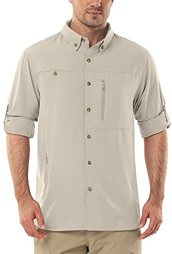 Outdoor Ventures Camicia Uomo Safari UPF50+ Protezione UV Manica Lunga Camicia da Trekking Camicia da Escursionismo Camicia Funzionale Traspirante Asciugatura Rapida Casual Camicia Button Down, cachi