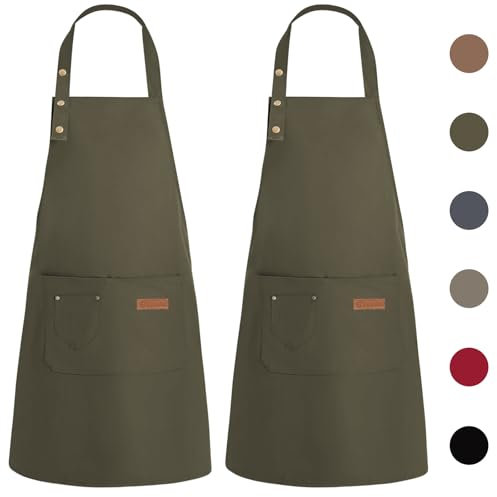 WENYA 2 Pack Kitchen Apron for Women, Unisex Adjustable Cooking Apron with Pockets, Canvas Waterproof Apron for Home Kitchen, Restaurant, Coffee House (Dark Green)