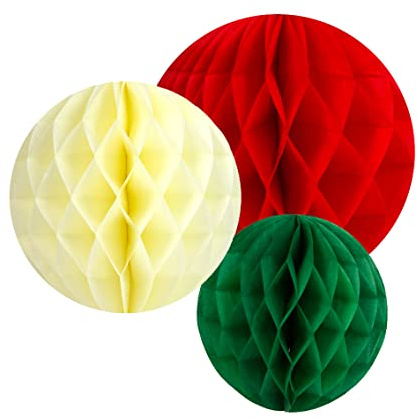 Talking Tables Decoraciones navideñas blancas, rojas y verdes, paquete de 3 bolas de papel colgantes de panal para fiestas de Navidad, cumpleaños