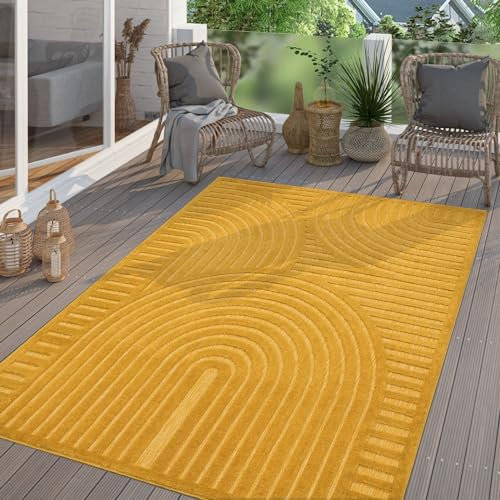 TT Home In-& Outdoor Teppich Wetterfest Balkon Küche Wohnzimmer Boho Skandi Design, Farbe:Dunkelgelb Gelb, Größe:240x340 cm