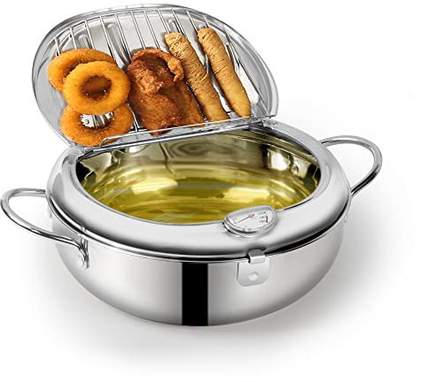 Deep Fryer Pot 304 Stainless Steel Japanese Frying Pot 2.2L, Janpanese Style Tempura Frying Pot with Lid, with Temperature Control Oil Drip Drainer Rack, or Fried Chicken, Shrimp, French, Chips dip