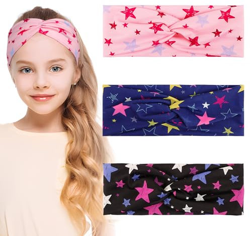 BETESSIN 3Stk. Stirnband Mädchen Kinder Haarband Sternen Elastisches Kopfband Sternenmuster Breite Haarreif mit Knoten Haarschmuck Kopfschmuck für Schule Sport Freizeit in 3 Farben