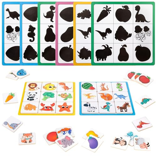 Jeesblsy Juego Memoria, Rompecabezas Montessori con Animales Frutas Madera, Juguete Educativo Sombras para Niños y Niñas 3+ Años Clasificación y Apilamiento