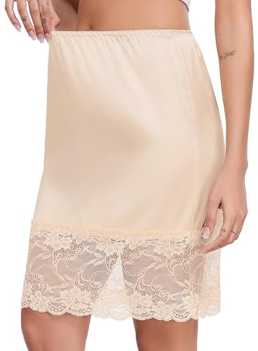 Lovasy Jupon Sexy Femme Court Satin Jupon sous Robe en Dentelle Fond de Jupe sous-Vêtements Invisible et Antistatique Demi-Jupe Taille Élastique pour Robe Transparente,A-Beige,L
