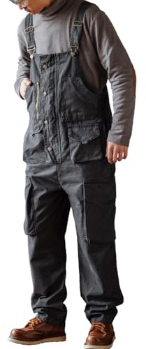 Rexcyril Men's Work Bib Overalls Loose Fit Workwear Dungarees Sloppy Coveralls with Adjustable Straps and Big Pockets, Mid-weight Dark Grey, 38