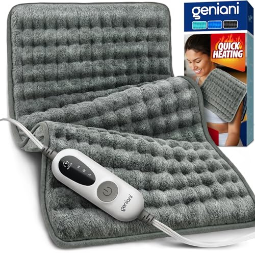 GENIANI Electric Heating Pad for Back Pain & Cramps Relief, Electric Throw, Self Care Gifts for Women, Heating Pad for Neck & Shoulder, Machine Washable Microplush, Auto Shut Off (12×24, Gray)