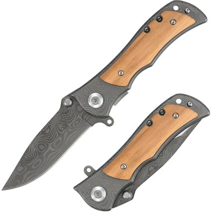 KNIFRTISAM Klappmesser, Outdoor Messer, Taschenmesser, Einhandmesser, Scharf 3Cr13 Edelstahl Klinge, Olivenholz Griff, Survival Messer, EDC Messer, Outdoormesser mit Taschenclip & Liner-Lock