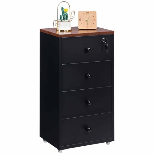 HollyHOME Gabinetes móviles, gabinete con cerradura de 4 cajones, gabinete de almacenamiento de metal con ruedas para oficina en casa en formato carta A4, negro
