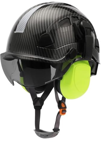 LOHASPRO Safety Helmet Hard Hat with Visor and Ear Muffs Work Helmet 6 Point Suspension ANSI Z89.1 Approved for Tree Chainsaw(Black Graphite Pattern with Tinted Visor+Earmuffs)