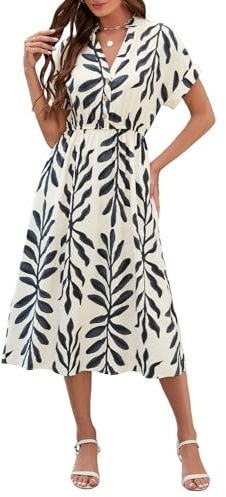 Genfien Vestidos Verano Mujer con Manga Corta Cuello V Elegante Cintura Alta con Bolsillo Casual Bohemio Vestidos de Playa