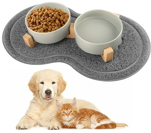 Hundenapf Keramik, 400ML Doppel Futternapf Hund, mit Bambus Ständer und Rutschfestem Matte, Keramik Futternapf Katze, Erhöhter Futternapf Set, Fressnapf Hund für Kleine Bis Mittlere Hunde (Grau)