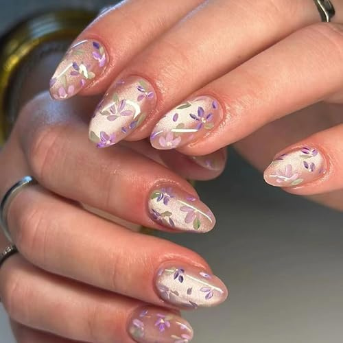 Cat Eye French Tip Press on Nails Almond, Medium Spring Flowers Acrylic False Nails with Elegant Design, Reusable Natural Full Cover Glitter Glue on Nails for Women Daily Wear 24Pcs