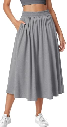 Adigau Jupes pour Femmes Jupe Mi-Longue Haute Taille Élégante avec Poches Jupes de Sport Décontractée Unie A-Ligne Jupe Plissée Taille Élastique Gris XL
