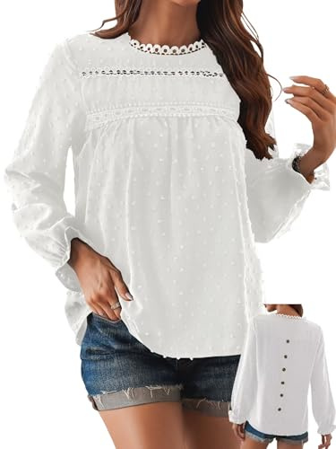 TUUHAW Tee Shirt Femme Bohème Col Rond Top Manches Longues Blouse Élégant | Lâche Chemisier, Plissé Automne, Fluide à Point Suisse, Volants Décontracté Blouses, Loose Printemps Chemise, Ample T-Shirts