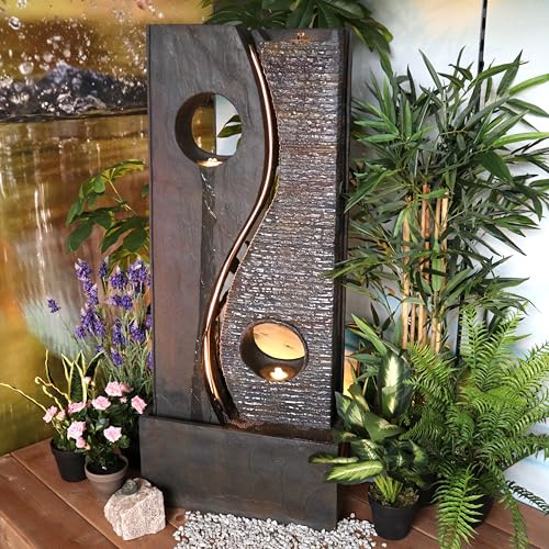 Wacredo Gambia - Set completo di giochi d'acqua di alta qualità, 126 cm, fontana da interni, fontana Gambia, effetto ardesia, architettonico, parete di roccia per soggiorno e giardino con 3 faretti a